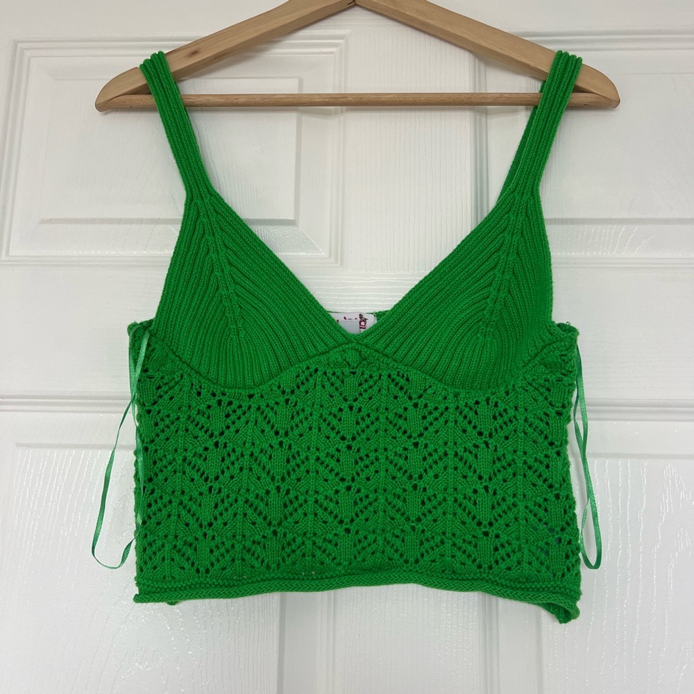 Madrag Green Knit Tank Top Cropped Size M 100% Cotton